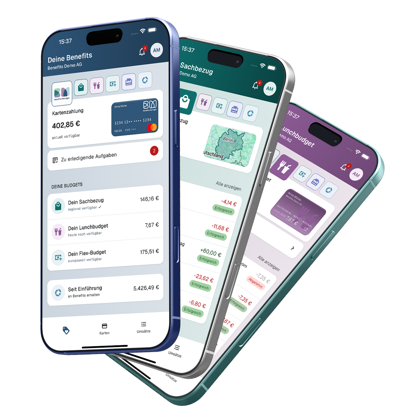 Benefits-Manager-App: Übersicht, Sachbezug und Lunch-Budget auf drei Smartphones